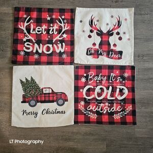 Festive Holiday Pillow Covers Set - Red and Black Plaid 18x18